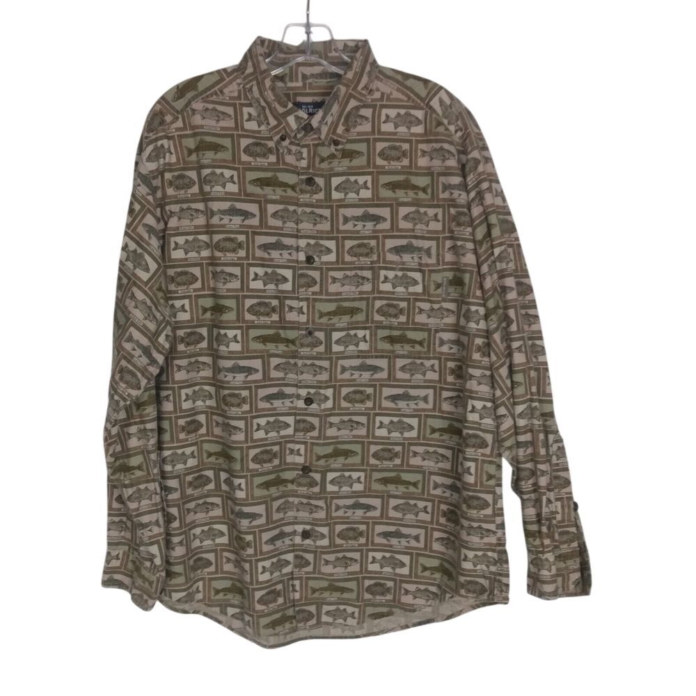 Woolrich Men Shirt Size XL Fish Frame Long Sleeve Button 100% Cotton